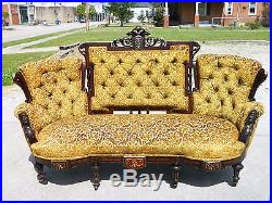 Walnut Victorian Triple Back Sofa Settee with Match Stick Inlay and Carved Heads