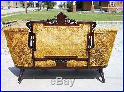 Walnut Victorian Triple Back Sofa Settee with Match Stick Inlay and Carved Heads
