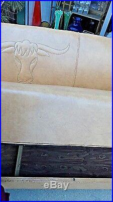 Western vintage cowboy ranch oak couch long horn Texas steer embossed sofa