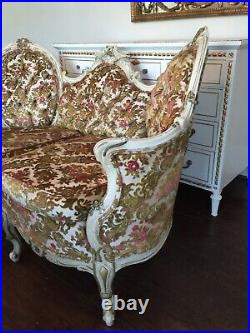 White French Provincial Louis XVI Upholstered Settee Carved with Gilt Accents