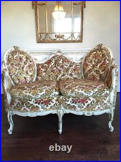 White French Provincial Louis XVI Upholstered Settee Carved with Gilt Accents