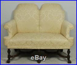 William and Mary Style Settee with Silk Cream Damask Fabric Williamsburg Style